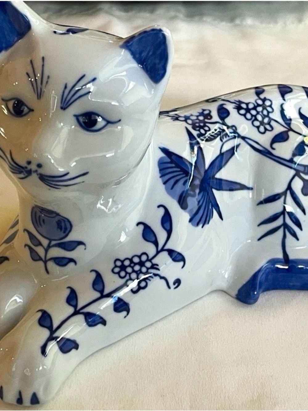 Blue and White Porcelain Cat Figurine - Decorative Ceramic Cat